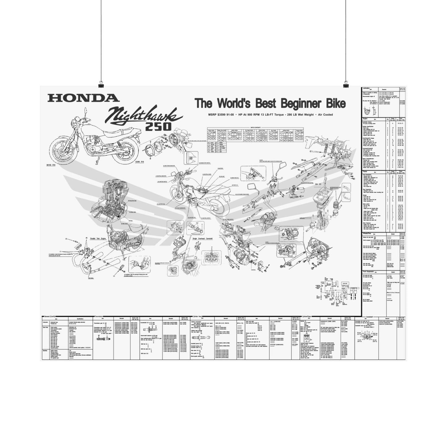 Honda Nighthawk 250 Service Manual Poster (Black and white, No Wiring Diagram)
